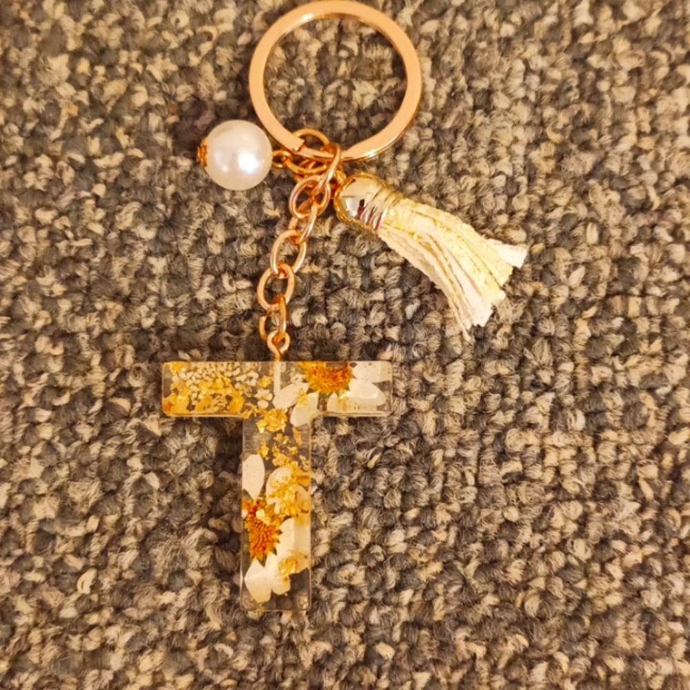 Letter T Keychain floral, sequin tassle and faux pearl gold tone key cha…